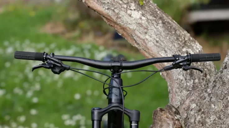 a close up of a bicycle parked next to a tree handlebars